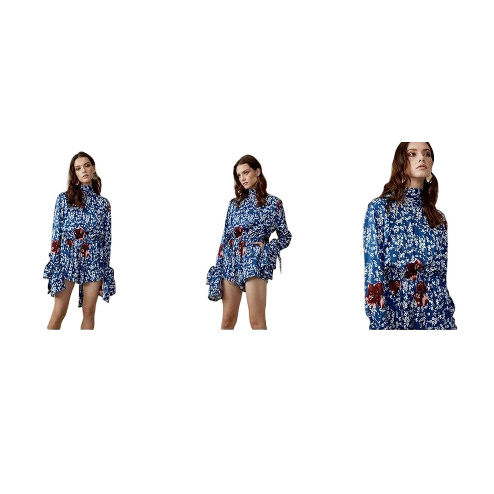 MLM Label High Neck 100% Silk Sintra Romper in Blue Bonsai Women's Sz Small